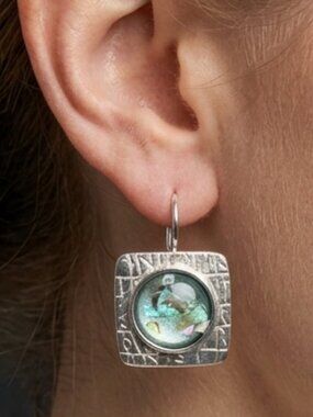 Vintage Silver Tone Pierced Earrings Square Abalone Chips incase in Glass Dome